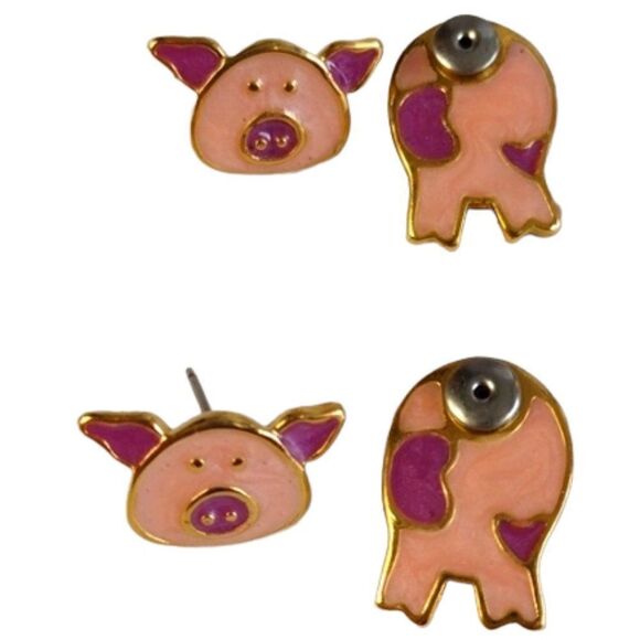 Vintage Irresistibles Piggy PIG Earrings 80s Pierced Metal Front to Back Style - Picture 3 of 8